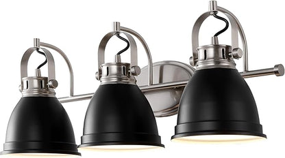 JONATHAN Y 25.5" Black/Nickel 3-Light LED Vanity Light, Adjustable Wall Sconce for Bathroom Mirror, Farmhouse Bohemian Kitchen Light, Iron Black Bell Shade (JYL1116A)