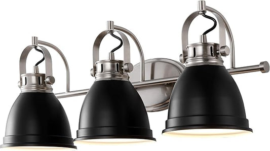 JONATHAN Y 25.5" Black/Nickel 3-Light LED Vanity Light, Adjustable Wall Sconce for Bathroom Mirror, Farmhouse Bohemian Kitchen Light, Iron Black Bell Shade (JYL1116A)