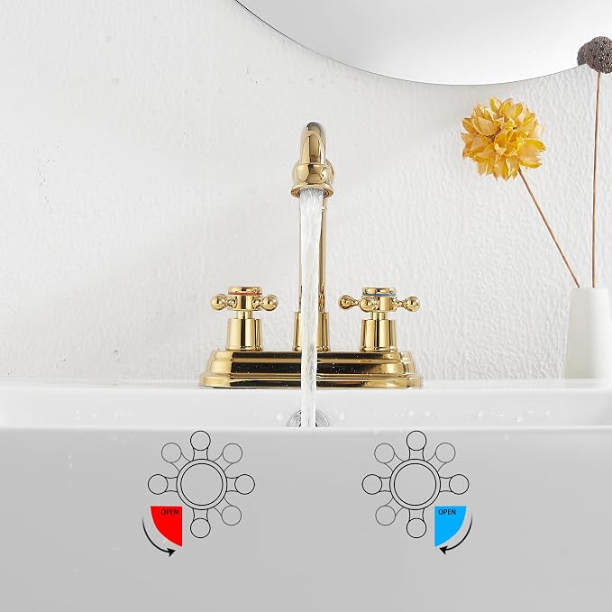 Bathroom Faucet Polished Gold GGStudy 2 Handles 4 Inches Centerset Bathroom Vanity with Drain Assembly and Supply Hose Lavatory Faucet Mixer Double Handle Tap