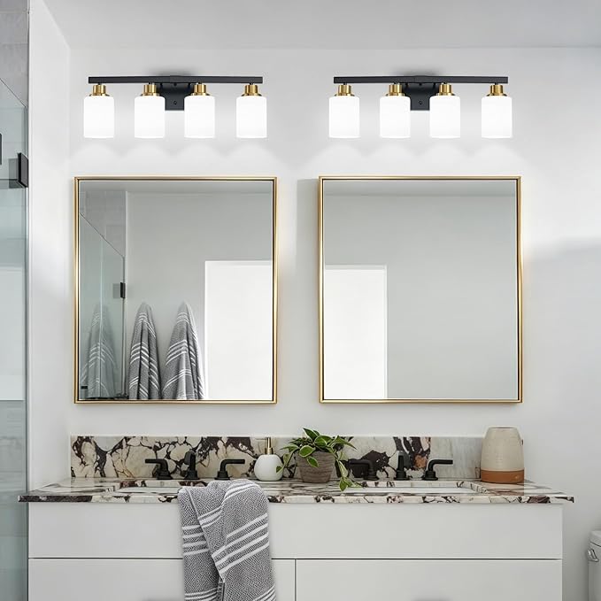 Black and Gold Bathroom Light Fixtures, 4-Light Vanity Lights,24" | Bathroom Vanity Lights with Milky White Glass Shade,Bathroom Lights Over Mirror Wall Lamp Sconces for Mirror Restroom Sink