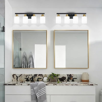 Black and Gold Bathroom Light Fixtures, 4-Light Vanity Lights,24" | Bathroom Vanity Lights with Milky White Glass Shade,Bathroom Lights Over Mirror Wall Lamp Sconces for Mirror Restroom Sink