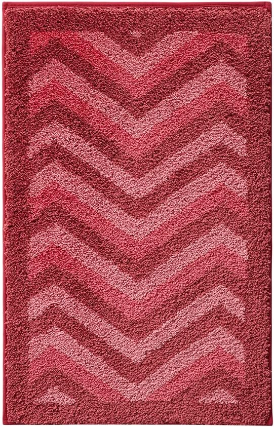 Hearth & Harbor Bathroom Rugs, Shaggy Plush Bath Mat, Ultra Soft Non Slip Backing Rubber, Chevron Design Bath Rug, Red, 20 x 32 Inch