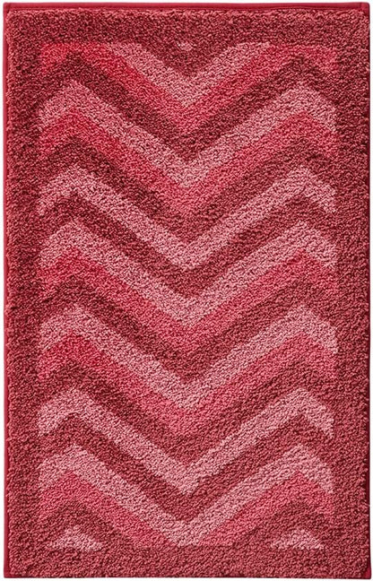 Hearth & Harbor Bathroom Rugs, Shaggy Plush Bath Mat, Ultra Soft Non Slip Backing Rubber, Chevron Design Bath Rug, Red, 20 x 32 Inch
