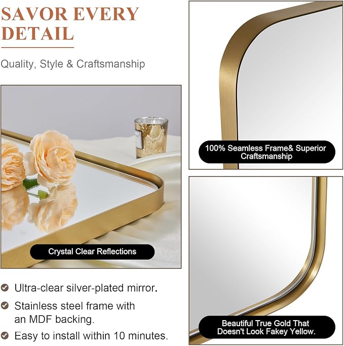 Gold Bathroom Mirror, 24x36 Brushed Brass Rectangle Metal Frame Mirror for Bathroom, Modern Rectangular Wall Mounted Mirror for Vanity