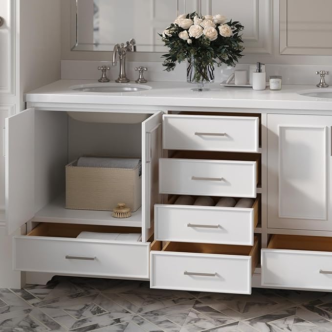 ARIEL Stafford 72-inch Bathroom Vanity with Sink,Solid Wood, 1.5-inch Pure White Quartz Countertop & Backsplash, Double Oval Porcelain Sink, 4 Soft Closing Doors, 6 Dovetail Drawers, White