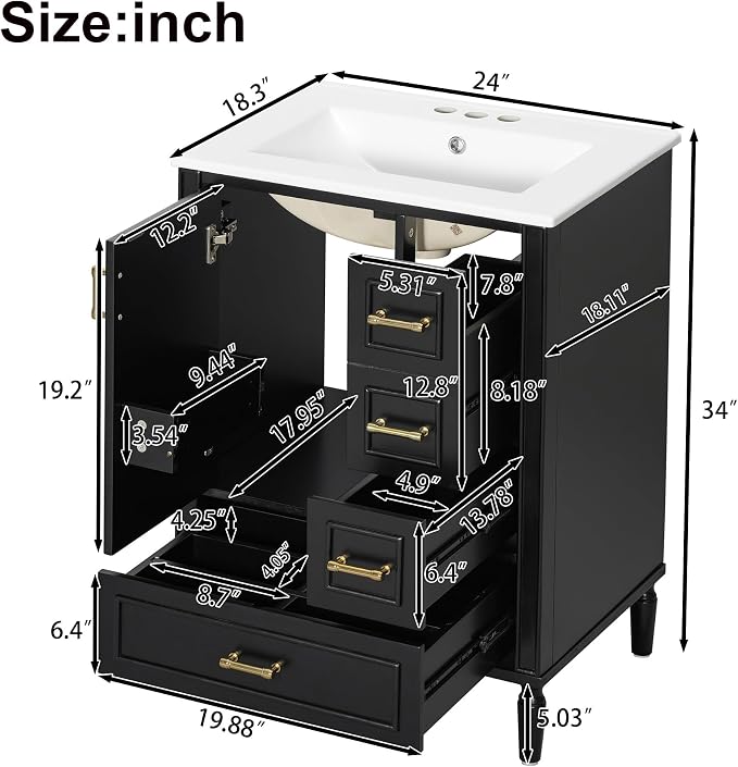 24 Inch Modern Bathroom Vanity with Ceramic Sink, Freestanding Bathroom Cabinet with Soft-Close Door, 3 Drawers, Gold Handles & Door-Mounted Storage Rack, Solid Wood & MDF, Black