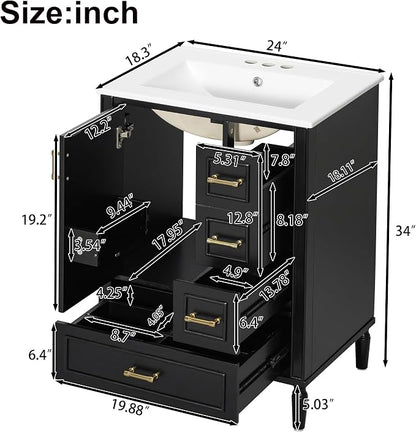 24 Inch Modern Bathroom Vanity with Ceramic Sink, Freestanding Bathroom Cabinet with Soft-Close Door, 3 Drawers, Gold Handles & Door-Mounted Storage Rack, Solid Wood & MDF, Black