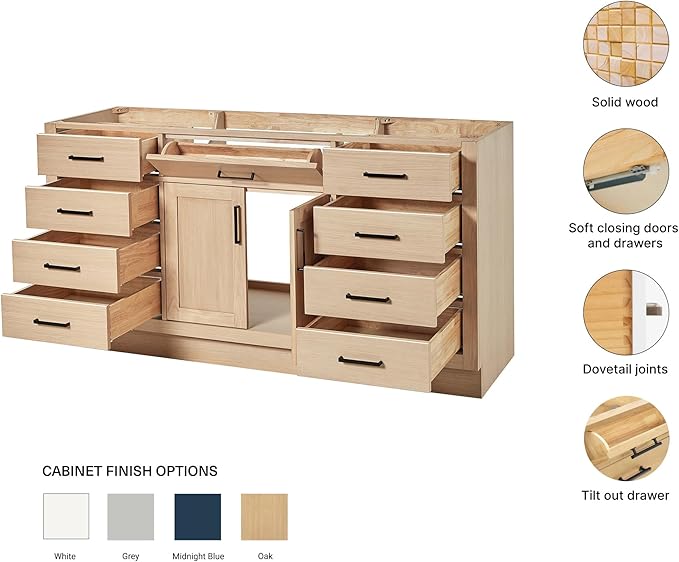 ARIEL Hepburn 66-inch Bathroom Vanity Base Cabinet,Solid Wood, 2 Soft Closing Doors, 9 Dovetail Drawers, White Oak