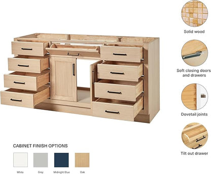 ARIEL Hepburn 66-inch Bathroom Vanity Base Cabinet,Solid Wood, 2 Soft Closing Doors, 9 Dovetail Drawers, White Oak