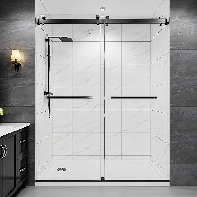 49-54" W x 76" H Frameless Double Sliding Shower Door for Walk-in Shower,5/16" (8mm) SGCC Certified Clear Tempered Safety Glass,Easy-Clean Coating,Quiet Heavy-Duty Roller System,Matte Black