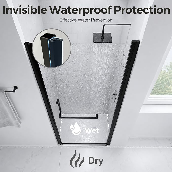 34-35.2" W x 72" H Single Frameless Pivot Swing Shower Door | 1/4" Clear SGCC Tempered Glass with a 30.2" walk-in opening, Matte Black Finish, Adjustable Width, Reversible Installation