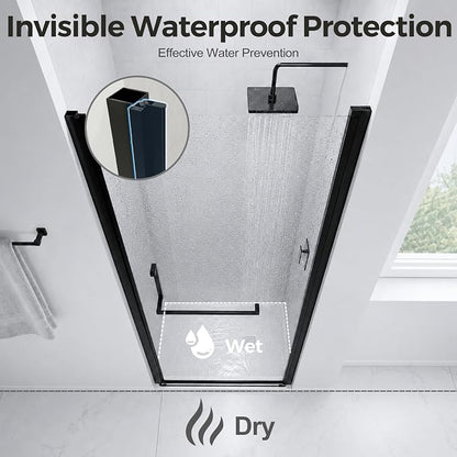 34-35.2" W x 72" H Single Frameless Pivot Swing Shower Door | 1/4" Clear SGCC Tempered Glass with a 30.2" walk-in opening, Matte Black Finish, Adjustable Width, Reversible Installation