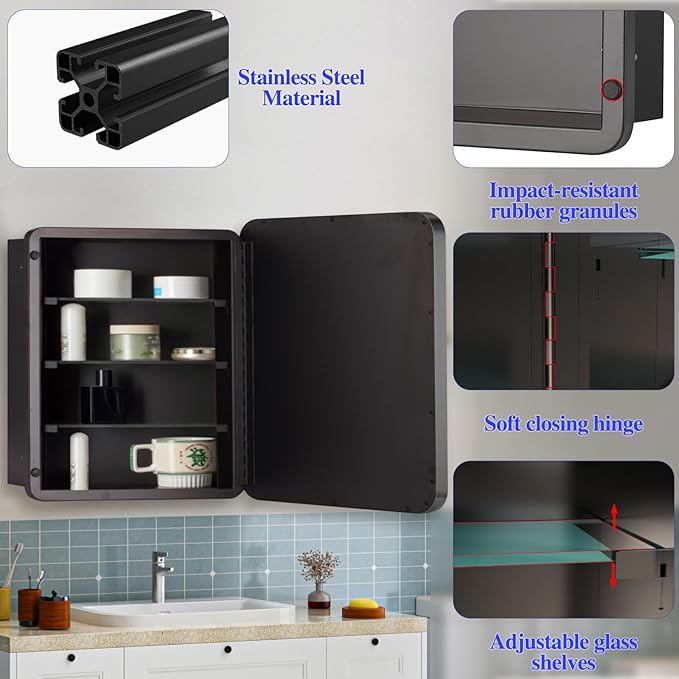 Bathroom Medicine Cabinet,28"x28" Square Mirror Door with Stainless Steel Frame,Recessed & Surface Wall Cabinet with Glass Shelves, Rust-Resistant Bathroom Storage Cabinet