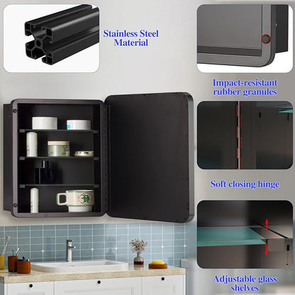Bathroom Medicine Cabinet,20"x20" Square Mirror Door with Stainless Steel Frame,Recessed & Surface Wall Cabinet with Glass Shelves, Rust-Resistant Bathroom Storage Cabinet