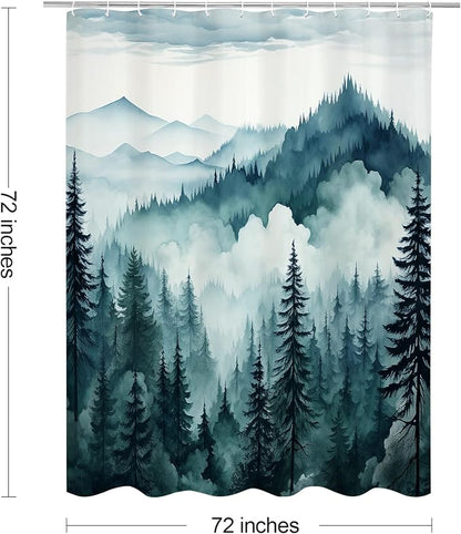 Litabel Peacock Blue Misty Pine Forest Shower Curtain, Mountain Foggy Woodland Scenery Tree Shower Curtains for Chic Rustic Bathroom, Abstract Modern Waterproof Nature-Themed Decor, 72x72 Inches