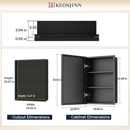 Keonjinn 16" x 24" Black Medicine Cabinets for Bathroom with Mirror Recessed or Surface Wall-Mounted Aluminum Alloy Framed Beveled Mirror, Single Door Metal Bathroom Vanity Mirror with Storage Cabinet