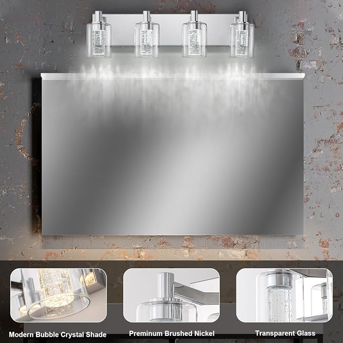 SineRise Vanity Light with 3 Color Modes (3000K/4000K/6000K), Eye Protection LED Bathroom Light Fixture, Dimmable Modern Wall Light Over Mirror with Clear Glass Shade (Chrome, 4-Light)