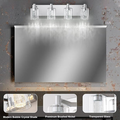 SineRise Vanity Light with 3 Color Modes (3000K/4000K/6000K), Eye Protection LED Bathroom Light Fixture, Dimmable Modern Wall Light Over Mirror with Clear Glass Shade (Chrome, 4-Light)