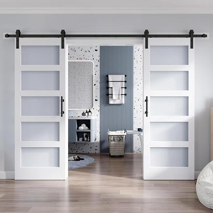 Double 30×80 Inch Glass Barn Door Slab and 11ft Hardware Kit Included, 5 Frosted Glass, LVL Wood Panel Covered with White Water-Proof Scratch-Proof PVC Surface, Simple DIY Assembly