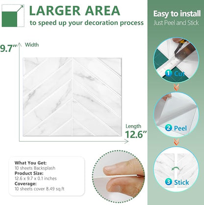 STICKGOO Herringbone Peel and Stick Backsplash, White Marble, 10 Sheets | 12.6 x 9.7 in, Thicker Rectangular Vinyl Stick-On Wall Tiles, Easy Alignment, Waterproof, Easy to Clean, Kitchen/Bathroom