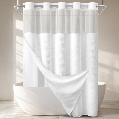 White Shower Curtain and Liner Set,230GSM Waffle Weave Textured Heavy Duty Hotel No Hook Shower Curtain 75" L x 72" W