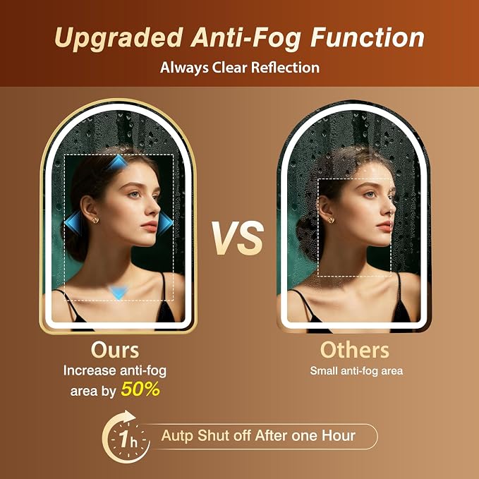 24x36 Inch Arched Gold Framed LED Bathroom Mirror with Lights,Smart Bathroom Mirror,Motion Sensor,Tempered Glass,Anti-Fog,Stepless Dimmable & 3 Colors,Memory,Vanity Mirror for Wall