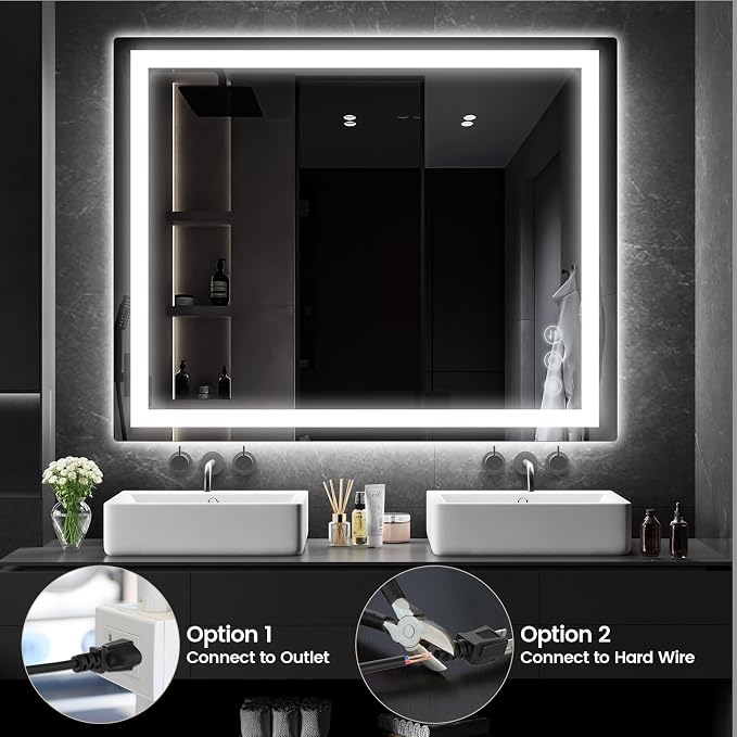 32" x 40" LED Bathroom Mirror with Lights, Memory Vanity Mirror | Anti-Fog, 3 Color Modes, Dimmable, Front Lit, Memory Function, Tempered Glass, Lighted Bathroom Mirror for Wall