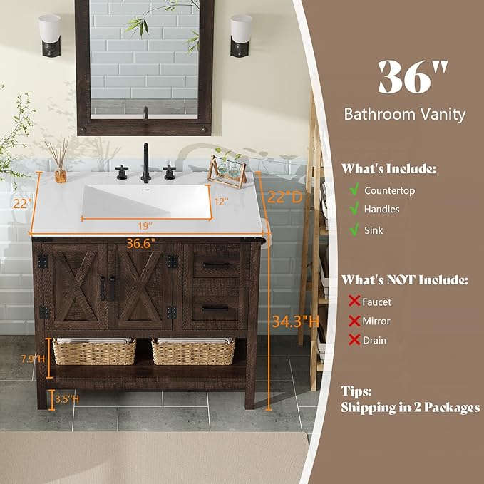 AMERLIFE 36" Farmhouse Bathroom Vanity with Sink Combo, Freestanding Small Single Wood Barn Door Bath Storage Cabinet Set with Sliding Drawers & Open Shelf, Paper Towel Holder, Rustic Brown