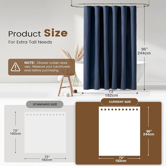 BTTN 3 in 1 Shower Curtain with Liner - 96 Inch Extra Long Linen Textured Fabric Shower Curtain Set with Plastic Hook, Tall Modern Heavy Duty Waterproof Shower Curtain for Bathroom, Navy Blue, 72x96