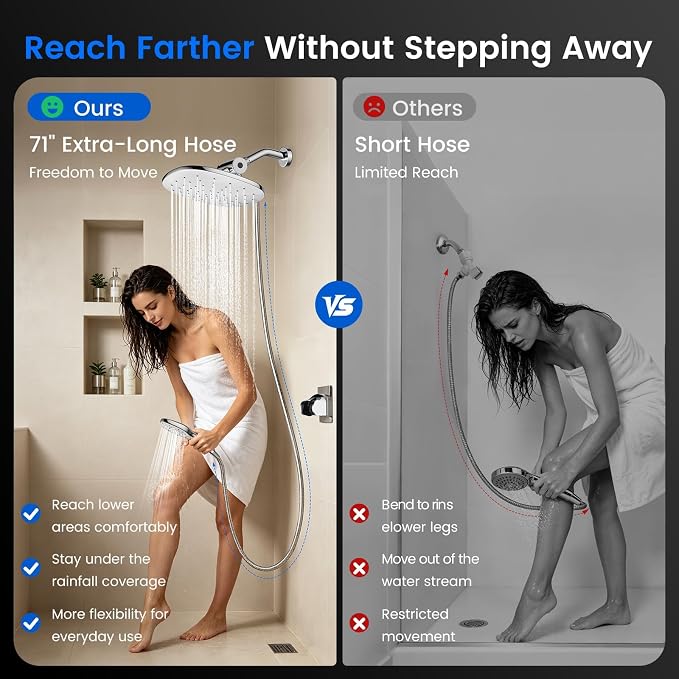 10" Rain Shower Head with Handheld Spray, Dual High Pressure Showerhead | Rainfall Shower Heads Combo with Multi Spray, Detachable Hand Showerhead Set with 71 Inch Shower Hose & Extra Holder