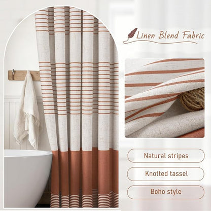 Coral Boho Linen Striped Shower Curtain with Tassel 72" W X 72" L | Boho Farmhouse Shower Curtains with Linen Texture for Bathroom Decor