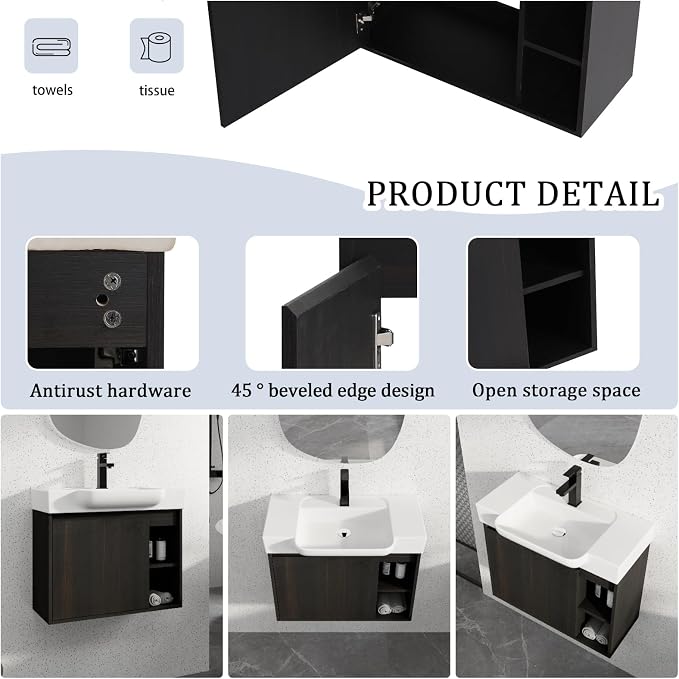 28" Bathroom Vanity with Ceramic Sink, Farmhouse Cabinet, Dark Oak | Ceramic Sink, Soft-Close Door, Interior Compartment and 2-Tier Open Side Shelves, 45° Inclined Edge Handle