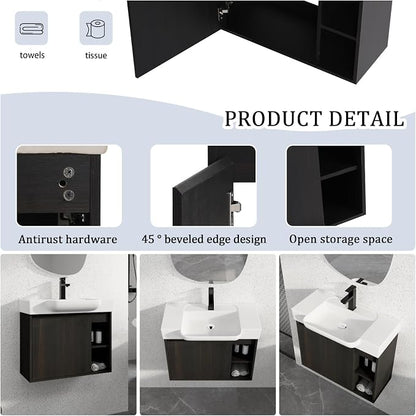 28" Bathroom Vanity with Ceramic Sink, Farmhouse Cabinet, Dark Oak | Ceramic Sink, Soft-Close Door, Interior Compartment and 2-Tier Open Side Shelves, 45° Inclined Edge Handle
