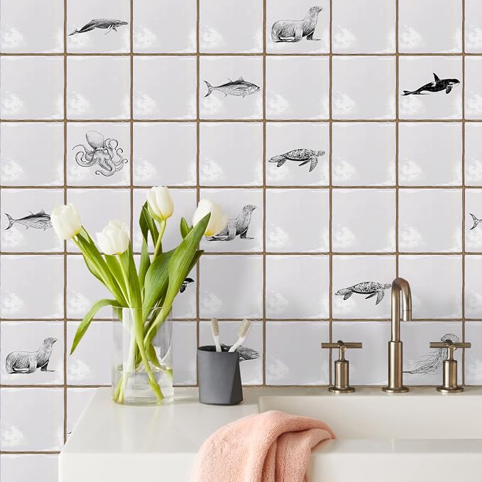 Alwayspon Vinyl Sticker Peel and Stick, Self-Adhesive Wall Tile Transfers Backsplash Sticker Decal for Kitchen Bathroom, 6x6inch/15x15cm 30Pcs, Marine Lives T034