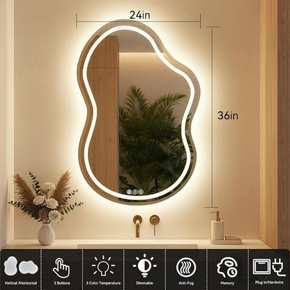 Irregular Wall Mirror 24 x 36 Inch, Lighted Mirrors for Bathroom Wall, Asymmetrical LED Mirror for Bathroom with Anit-Fog, Dimmable, Memory Function (Horizontal/Vertical)