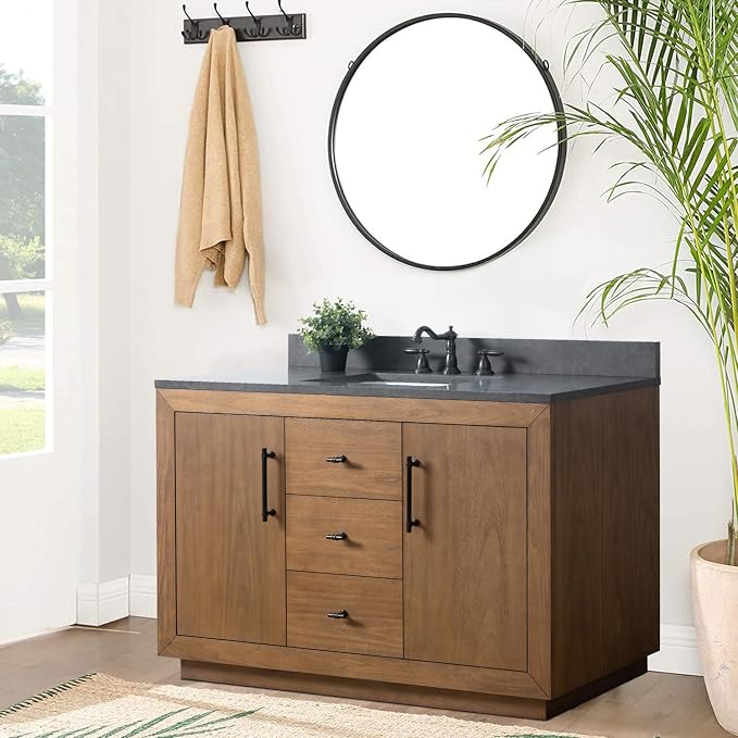 Vanity Art 48 inch Bathroom Vanity with Single Sink, Modern Wood Bath Vanity with Black Carrara Marble Top, Vanity Cabinet with Doors， Removable Shelf, Solid Wood, Ceramic Sink, Tan, VA7048B