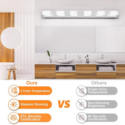 3 Color Temperature Dimmable Vanity Lights for Bathroom, LED Chrome 6 Light Vanity Lighting Fixtures, Acrylic Stainless Steel Square Shade Bathroom Light Fixtures over Mirror, ETL Certificated