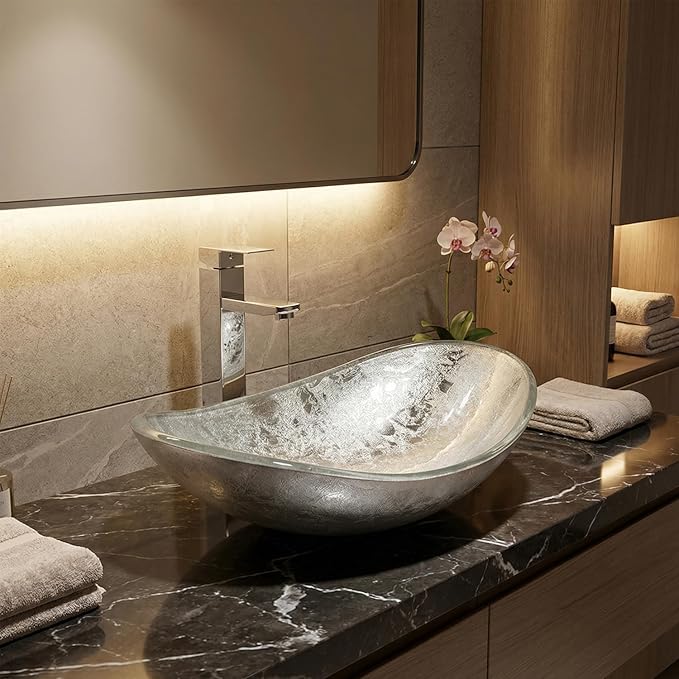 Bathroom Boat Shape Artistic Glass Vessel Sink Free Chrome Faucet and Pop-up Drain Set, Silver