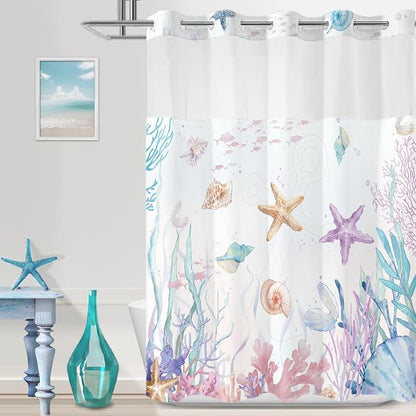 No Hook Shower Curtain and Liner Set, Watercolor Purple Beach Coastal 71x74 | Nautical Ocean for Bathroom, with Snap in Liner Replacement, Mesh Top Window, Waterproof, Machine Washable, Quick-Drying