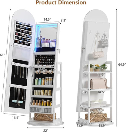 HWB Arched LED Jewelry Cabinet with Full-Length Mirror & Storage Shelves