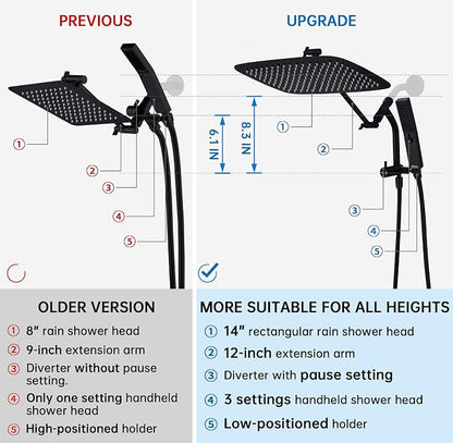 G-Promise 14 Inch All Metal Rain Shower Head with Handheld (Matte Black) | Suits Every Height, Pause Mode Diverter, Massage Mode Handheld, Full Body Coverage, Easy to Install, Modern Bath Upgrade