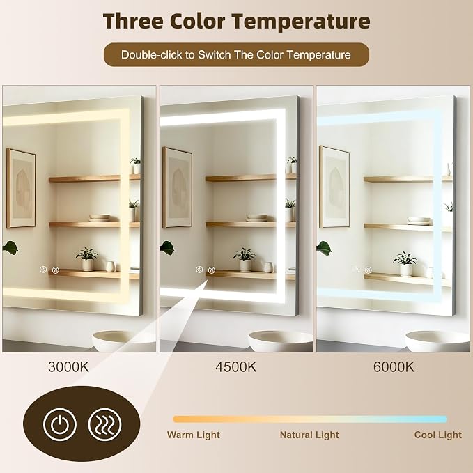 28"X28" Square LED Bathroom Mirror with Lights | Lighted Bathroom Vanity Mirror for Wall, Anti-Fog, Dimmable, 3 Color Temperature, HD Tempered Glass(Vertical Only)