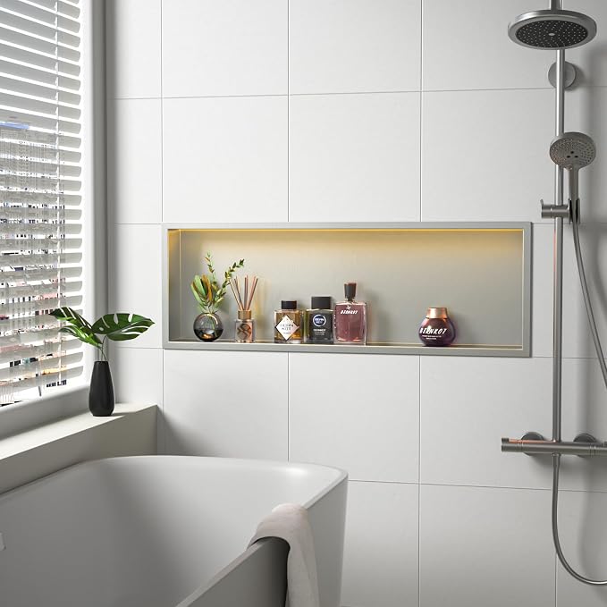 Stainless Led Shower Niche 36"x12" Brushed RGB Light No Tile Needed | 304 stainless steel shower niche,recessed dimmable niche shower,Led driver & remote control included,dropped in niche