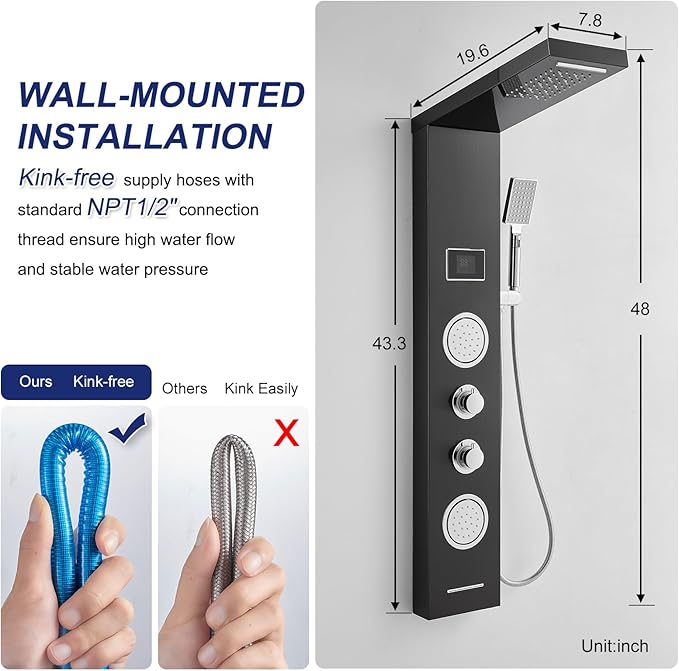 ROVATE LED Shower Panel Tower System - Rainfall Waterfall Shower, Round Body Jets, Handheld and Tub Spout, Digital Temp-Display, LED Knob, No Battery Needed 5-in-1 Stainless Steel Shower Column Black