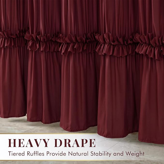 LIPA Boho Rustic Burgundy Ruffle Shower Curtain 72x72 Inches | Farmhouse Shower Curtains for Bathroom,Water‑Resistant Fabric Shower Curtain,Bohemian Bathroom Decor