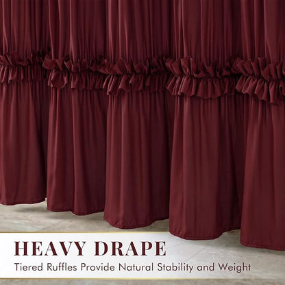 LIPA Boho Rustic Burgundy Ruffle Shower Curtain 72x72 Inches | Farmhouse Shower Curtains for Bathroom,Water‑Resistant Fabric Shower Curtain,Bohemian Bathroom Decor