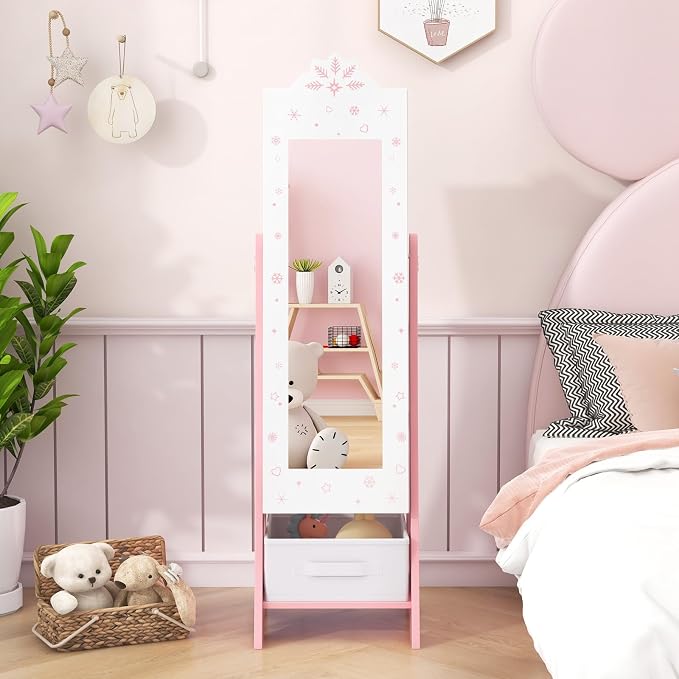 CHARMAID Kids Mirror Jewelry Cabinet - Standing Full Length Mirror with Jewelry Storage, Ring Earring Necklace Jewelry Organizer Box, Kids Vanity Dressing Mirror Jewelry Armoire for Girls (White)
