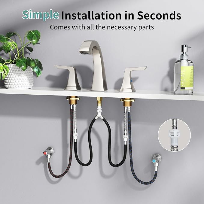 SR SUN RISE Bathroom Sink Faucet 8 in, 3 Hole, NSF Certified,Brushed Nickel | Come with Pop-up Drain Assembly, 2 Handles, 2 Water Supply Lines, Widespread Sink Faucet for Vanity, RV, and Bathroom