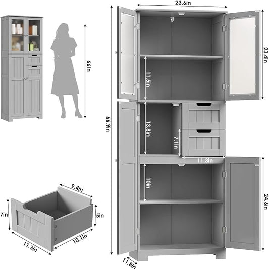 BOTLOG 67'' Tall Bathroom Storage Cabinet with Adjustable Shelf | Frosted Glass Doors, Wood Drawers, Kitchen Pantry Line Cabinet for Kitchen Bathroom, Living Room, Grey