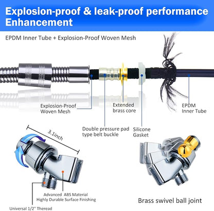 CWPW High Pressure Shower Heads, Handheld Turbo Fan Shower, Hydro Jet Shower Head with 79 Inch Hose,Bracket,Cotton Filters and Bath Loofah, One Key Pause Switch 360 Degrees Rotating (Blue with hose)